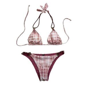 Vix Paula Hermanny Plaid Brazilian Triangle Bikini Set Burgundy Pink XS